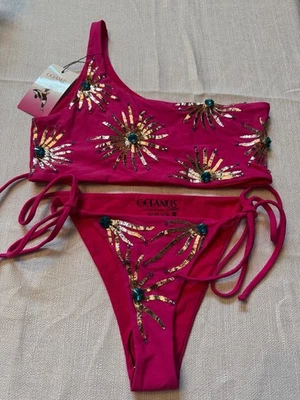 Oceanus 女式亮片串珠泳装比基尼 Suuburst,尺寸 S 底,M 上装 — 第 1/4 张图片