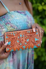 Real Leather Hand Tooled Leather Wallet Turquoise Color Stylish Purse Clutch