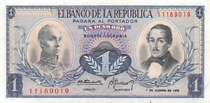 Colombia 1 Peso 7.8.1973 P 404e date ERROR Circulated Banknote WC - Picture 1 of 2