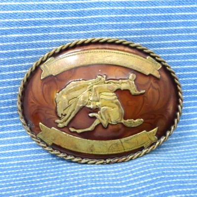 Cowboy Bucking Horse Trophy Belt Buckle Western Ribbons German Silver Vtg.CPA477 - Image 1 of 4
