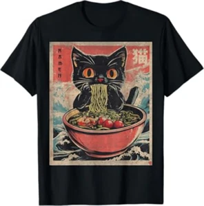 Retro Ramen Cat | Japanese Aesthetic T-Shirt Unisex Heavy Cotton Tee - Picture 1 of 2