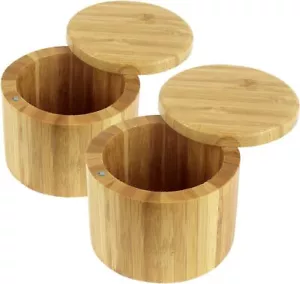2 Pc Premium Bamboo Salt and Pepper Bowls, Wooden Spice Containers with Magnetic - Picture 1 of 4