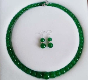 Genuine Natural 6-14mm Green Jade Gems Round Beads Necklace Earrings Set 18" - Picture 1 of 1
