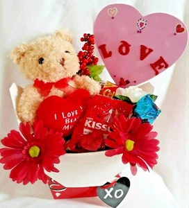 New Valentine's Day Gift Arrangement in 10-inch Teddy Bear Baskets, Chocolates - Picture 1 of 6