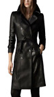 Women's Double breasted Black Long Sheepskin leather Belted Trench Coat Woman's