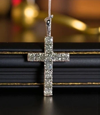 Real Moissanite 2CT Round Cut Cross Chain Pendant 14K White Gold Plated Silver - Image 1 of 4