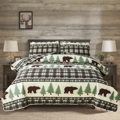 Cabin Bear Quilts Set Full/Queen Size, Lightweight Plaid Bedspread Coverlet R... - Image 1 of 4