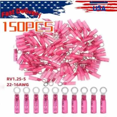 Terminais anel conector crimpagem fio termorretrátil vermelho 22-16 AWG M5 #10 parafuso prisioneiro 150 peças - Imagem 1 de 2