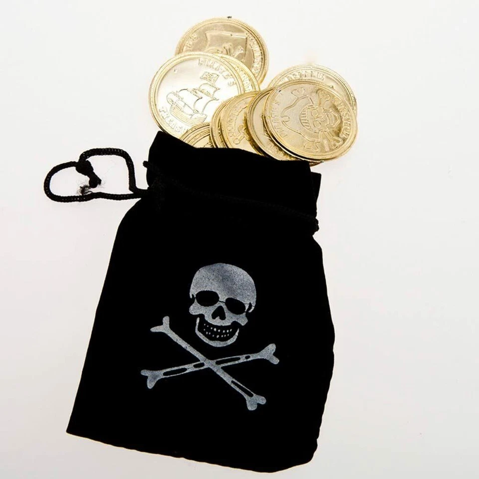 Monedas de oro pirata en bolsas de calavera con cordón - 12 bolsas por pedido Foto 1 de 1