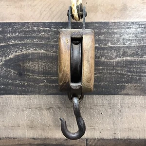 Rodillo de madera vintage bloque único y polea de aparejos *Decoración industrial primitiva - Imagen 1 de 15