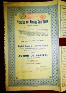 Verreries de Masnuy-Saint-Pierre, Belgium 1920 ,glassware share certificate - Picture 1 of 3