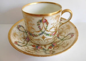 ANTIQUE FRENCH CARROUSEL PARIS PORCELAIN HAND PAINTED COFFEE CAN AND SAUCER - Picture 1 of 22
