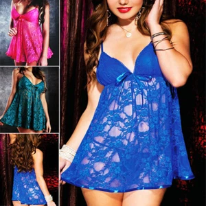 Womens Sexy V-Neck Lace Chemise Lingerie Nightwear Underwear Mini Dress G-string - Picture 1 of 13