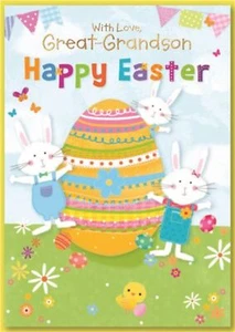 Tarjeta de Pascua Gran Nieto - Conejitos con Huevo Gigante Decorado y Lámina de Oro 7x5" - Imagen 1 de 1