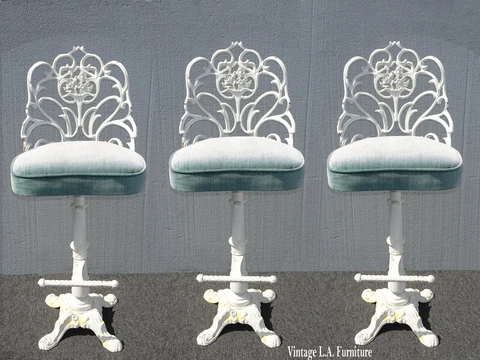 Set Three Vintage French Spanish Style Ornate Cast Iron Blue Bar Stools Barstool Cover