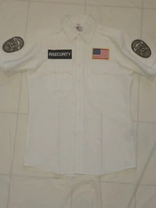 Funny Mens White Security Officer Uniform Button Front Shirt Insecurity Patches - Picture 1 of 10