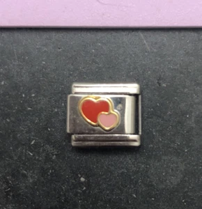 NOS Raised Enameled Double Heart Red Pink Italian Charm Bracelet Link 9mm - Bild 1 von 3