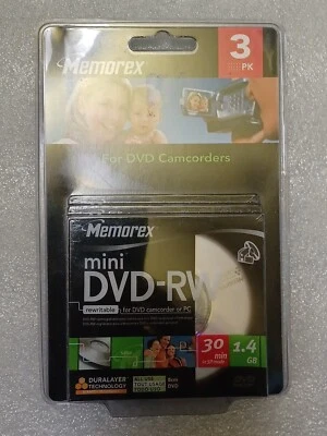 Memorex Mini DVD-RW 3 Pack 2x 1.4 GB 30 Single Sided DVD Camcorder NEW Sealed - Image 1 of 2