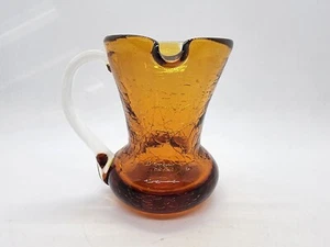 Crackle Glass Brown Mini Pitcher Front Spout Clear Applied Handle - Picture 1 of 6