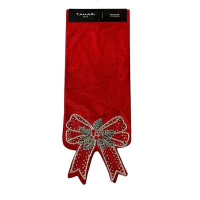 TAHARI Beaded Bow Table Runner 16x90 Christmas Holiday Red Holly Berry New  - Image 1 of 4