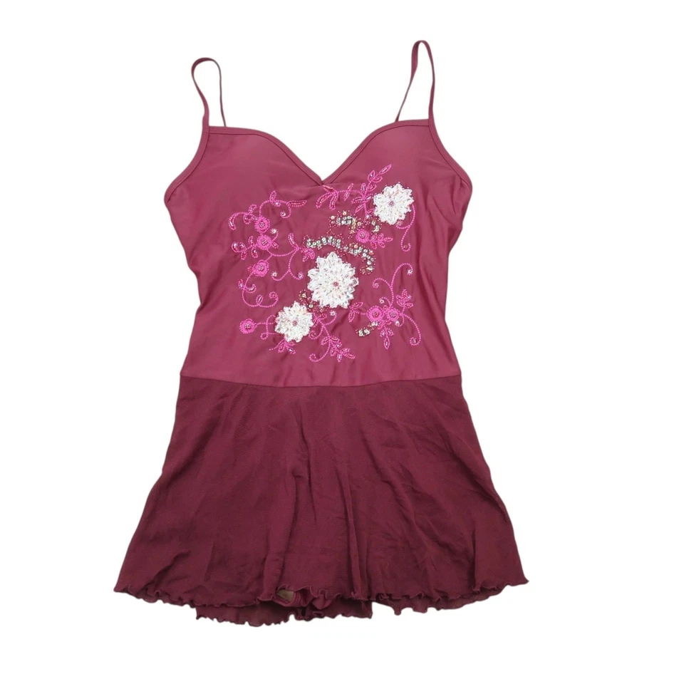 Vintage Newport News Swim Burgundy Red Floral Embroidered Beaded Swim Dress 10 - Image 1 of 4