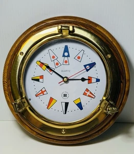 Bey-berk Oak Wood Lacquered Brass Porthole Quartz Clock w/Nautical Flags Dial - Picture 1 of 12