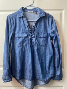 So Chambray Bluse vorne zum Binden Damen Medium Bündchen Ärmel Taschen blau Capsule - Bild 1 von 6