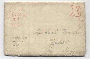 1845 Sodus NY rote CDS briefmarkenloser Brief ausgefallener Umriss X-Rate Handstempel [6986.543] - Bild 1 von 3