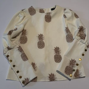 Chic Womens Blouse Gold Pineapple Off White with Metal Buttons Bishop Sleeve - Picture 1 of 8