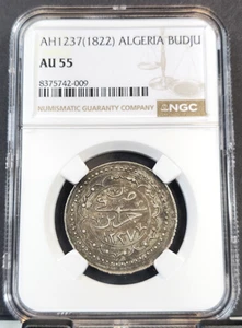 1822 ALGERIA SILVER 1 BUDJU SULTAN MAHMUD II NGC AU 55 RARE HIGH GRADE BEAUTY - Picture 1 of 3