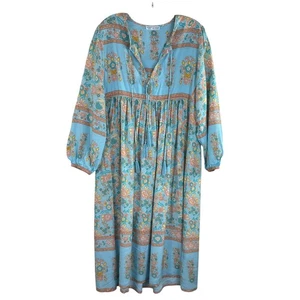 R.Vivimos Dress Womens Medium Blue Floral Boho Maxi Peasant Tassel Tie Pockets - Picture 1 of 11