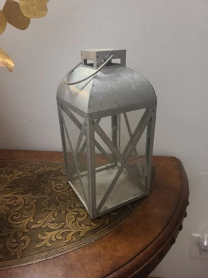 Large 12" Metal Glass Lantern Galvanized Metal 12"x5.5"x5.5" Hanging - Image 1 of 4