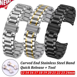 Curved Edelstahl Armband Ersatz Metall Uhrenarmband 16 18 19 20 21 22 24 26mm - Picture 1 of 29