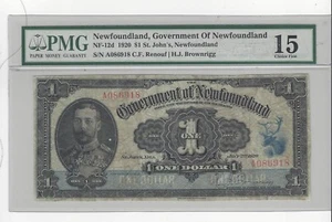 1920  Newfoundland,  NF-12d : $1 Note, SN# A086918 Ren/Bro PMG F-15 - Picture 1 of 2