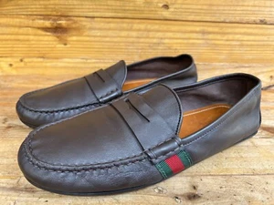 Gucci 566294 Mens Web Brown Leather Driver Flats Loafer Shoes Size UK 7 / US 8 - Picture 1 of 20