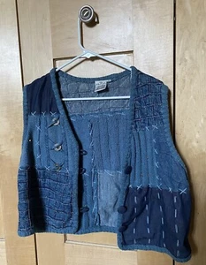 Parsley & Sage Woman’s Blue Denim Patchwork Knit Vest Embroidery Size Large Coin - Picture 1 of 5