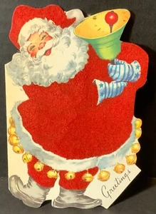 VTG Whitman Die Cut Christmas Card Santa Ringing Bell Flocked Suit Jingle Bells - Picture 1 of 3