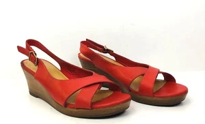 L.L Bean Womens Leather Slingback Sandals 7M Red 2.5" Wedge Open Toe Buckle EUC - Picture 1 of 12