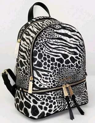 🌞BOLSO DE VIAJE MOCHILA ANIMAL DORADO LOGOTIPO NEGRO BLANCO CREMALLERA MICHAEL KORS RHEA🌺¡NUEVO CON ETIQUETAS! Foto 1 de 4
