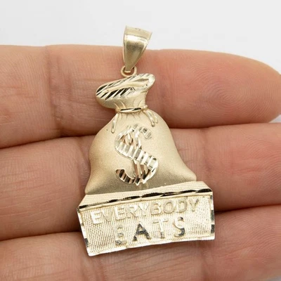 1 3/4" Corte Diamante Todo el mundo come Bolsa de Dinero Colgante Suerte Oro Amarillo 10K Real Foto 1 de 4