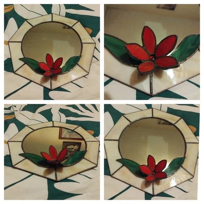 Art Deco Tiffany Floral Lead Framed Glass Mosaic Hexagonal Wall Hanging Mirror - Image 1 of 4