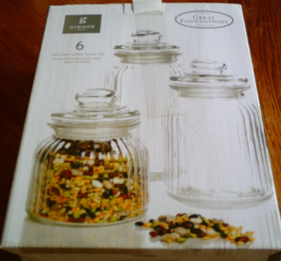 Gibson Home,Great Foundations Collection, juego/tapas de bote de vidrio de 6 piezas, nuevo Foto 1 de 2