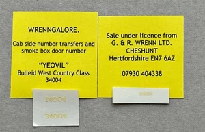WRENN model railway cab side & smoke box door transfers 34004 YEOVIL' W2268 - Picture 1 of 2