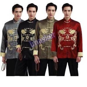 Men Chinese Clothing Tang Suit Coat Oriental Kung Fu Tai Chi Jacket Dragon Print