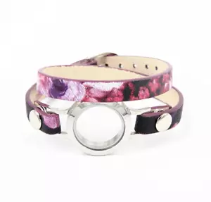 Double Strap Memory Glass Floating Charm Stainless Steel Locket Leather Bracelet - Picture 1 of 13