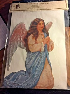 Christmas Card Victorian Scrap Angel Blue Glitter Wings & Robes 10" x 7" w/Envel - Picture 1 of 6