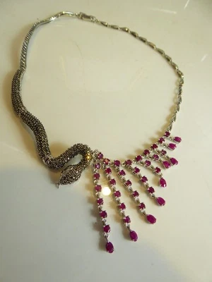 Conjunto de collar de serpiente de rubí real y marcasita fina de plata maciza Foto 1 de 4