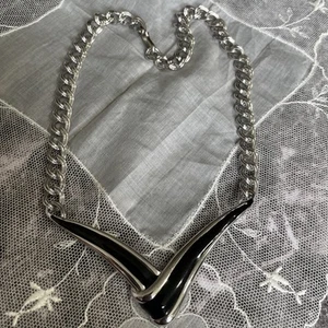 Vintage Silver Tone Monet Signed Black Enamel 14" Necklace E-11 - Picture 1 of 6