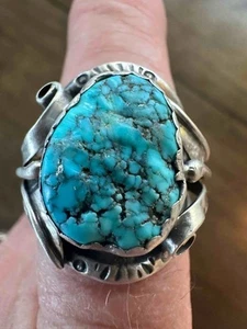 Navajo Turquoise & Sterling Chunky Ring Stunning Design Size 10 Signed 14.33gr - Picture 1 of 14