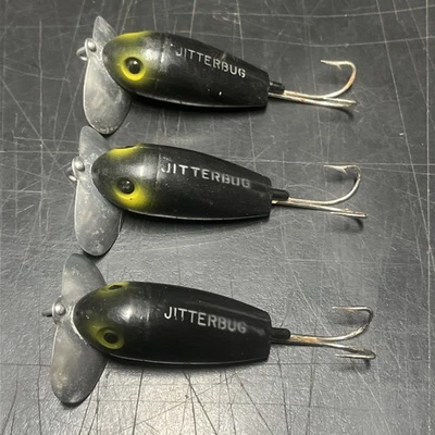 3 Vintage Fred Arbogast Jitterbugs Black & Greenish Yellow Top Water Lure (A14) - Image 1 of 4